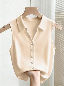 SHEIN Franclia 女款時尚翻領無袖羅紋修身背心，適合春夏情人節浪漫約會、海灘婚禮生日出遊，優雅休閒度假通勤穿搭 - 杏色 - 查看 3