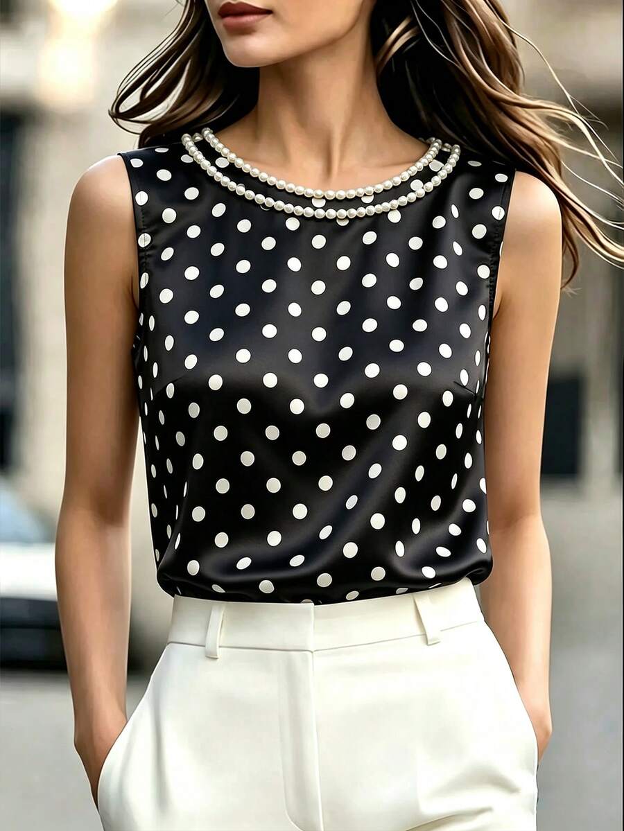 SHEIN Women's Elegant Faux Pearl Beaded Polka Dot Print Camisole For Summer Office Black And White Polka Dot - Black - View 1