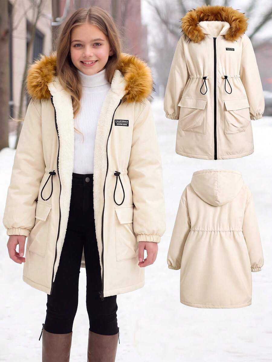 SHEIN Tween女孩秋冬休閒街頭風連帽拼接羅紋收腰口袋保暖內裡加厚中長版夾克外套,精緻優雅奶油白 - 杏色 - 查看 1