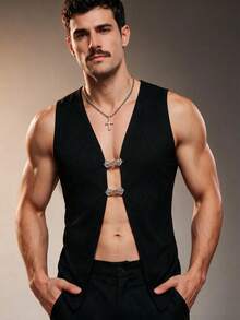 ZURIURI Men's Sexy Vacation Style Slit Tight Metallic Buckle Tank Top - Black - View 3
