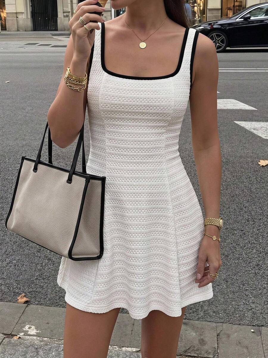 SHEIN LUNE Women's Casual Textured Fabric Summer Vacation Commute Daily Basic Fashion Outing Sleeveless Colorblock Mini Dress - Beige - View 1