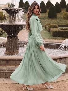 Anewsta Essential Women's Long Dress With Waist Ruffle, Shiny & Elegant Versatile Style, Spring/Autumn - Mint Green - View 4