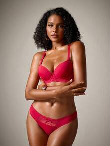 DreamPoppy Contrast Lace Super Push Up Bra & Panty Lingerie Set - Rose Red - View 4