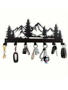 Charming Metal Forest Key Hook, Wall Mounted Key Holder Rack, Easy Install Entryway Organizer, Rustic Mountain Tree Wall Decor, Durable Metal Coat Hanger For Hats Towels Wallets, Modern Farmhouse Style Key Rack, Bathroom Bedroom Storage Accessories - Black - View 6