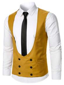 Calvornis Men's Fashion Double-Breasted Vest & Pants Suit Set - Brown - View 4