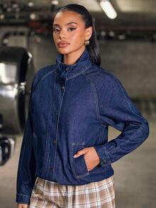 Hauture Women's Sexy Casual Funnel Neck Denim Bomber Jacket With Pockets - Navy Blue - View 4