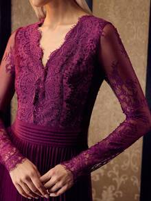MOTF PREMIUM WOMEN'S ELEGANT SLIMMING WAIST LACE PATCHWORK PLEATED V-NECK A-LINE DRESS - Bold Plum - View 2