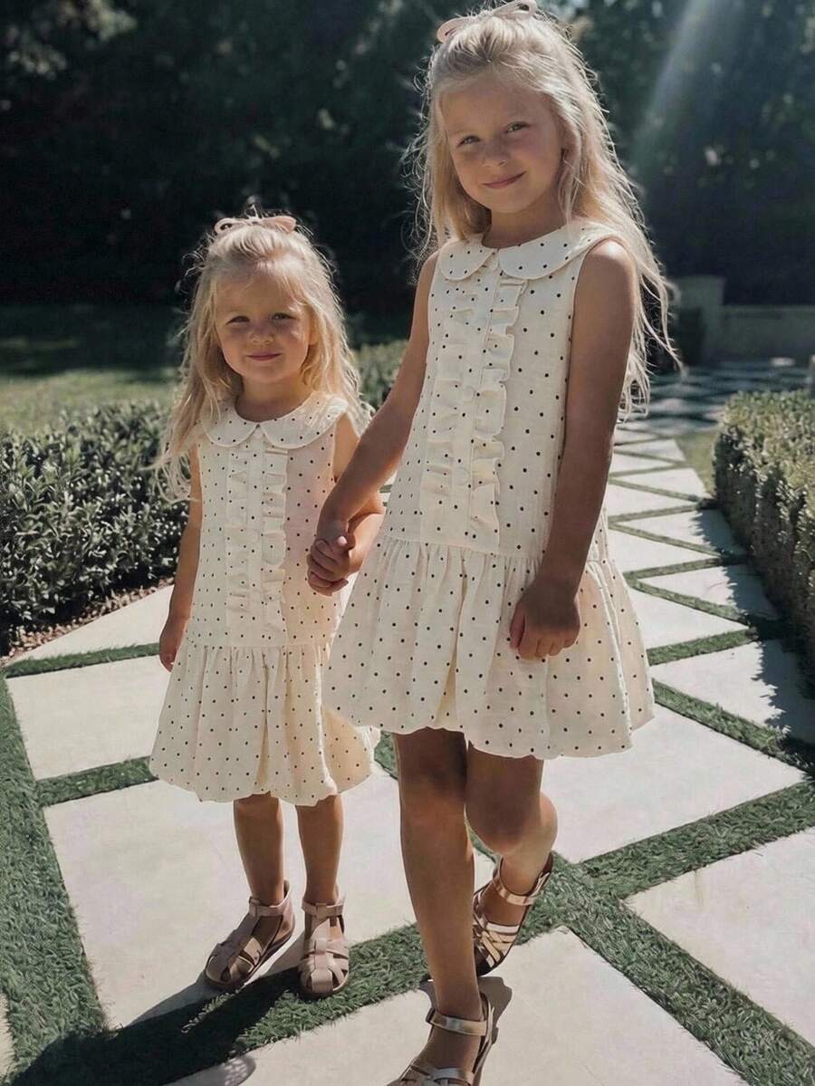 SHEIN Elladie kids 女童可愛甜美圓點印花彼得潘領無袖拼接荷葉邊裙襬洋裝，休閒夏季穿搭