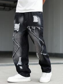 NEOSTRIT Men's American Street Style Distressed Patchwork Raw Edge Denim Jeans - Black - View 4