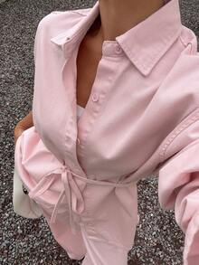 Livesso Tall Set Kemeja Longgar dan Celana Panjang Wanita Gaya Liburan Warna Pink untuk Musim Gugur - Berwarna merah muda - View 8