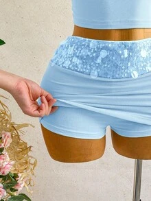 Ure Wave 女款休閒性感度假島嶼風外出夜店派對 Y2K 波希米亞音樂節淺藍色亮片拼接網眼針織套裝 - 藍色 - 查看 8