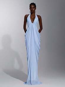 Elitara Elegant Minimalist Fashion Blue Elastic Mesh Halter Strap Full Pleated Maxi Formal Evening Gown For Women - Blue - View 1