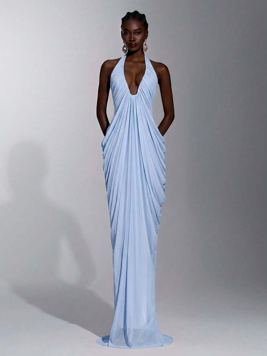 Elitara Elegant Minimalist Fashion Blue Elastic Mesh Halter Strap Full Pleated Maxi Formal Evening Gown For Women - Blue - View 1