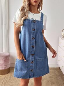 SHEIN Tall CURVE 大尺碼女款單排扣口袋設計休閒牛仔吊裙 - 藍色 - 查看 3