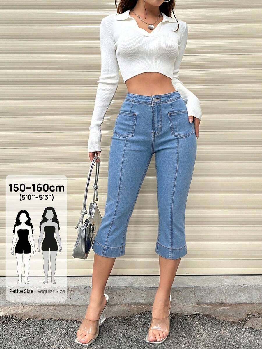 SHEIN PETITE Celana Jeans Wanita Model Crop Slim Fit Warna Biru Muda Stretch untuk Perjalanan Musim Panas dan Kasual