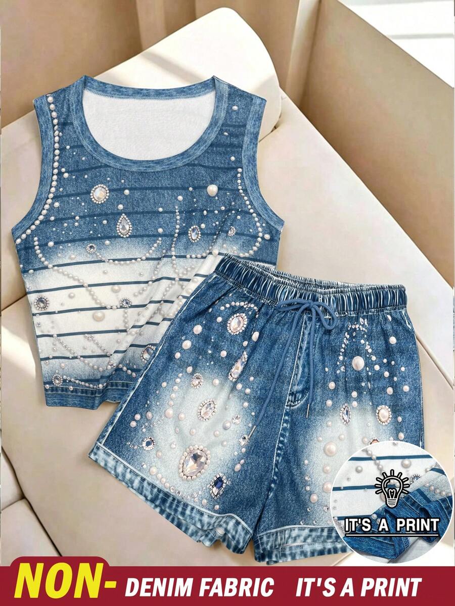 Franclia Casual Summer Women's Faux Pearl Decor Round Neck Top And Shorts Set - Multicolor - View 1