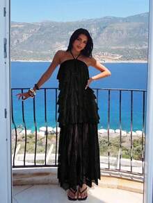 Aloruh Vestido de vacaciones para mujer con volantes multicapa, encaje y cuello halter - Negro - Ver 4
