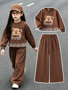 Elladie kids 女童韓系活力寬鬆灰色花卉衛衣 2合1蝴蝶結圖案兩件套 秋季 - 咖啡棕 - 查看 8