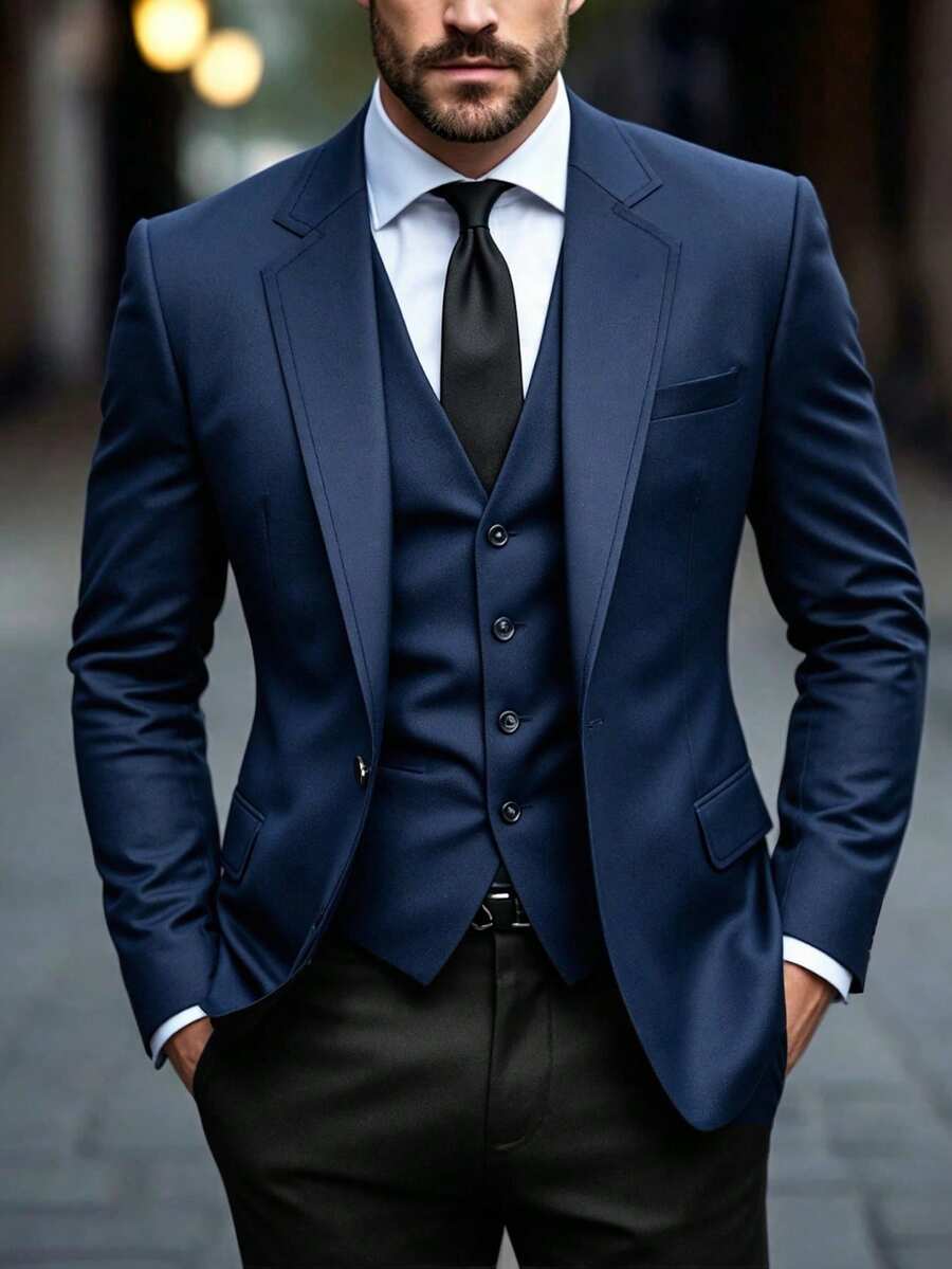 Business Style Single Button Men's Suit Jacket - Navy Blue - View 1
