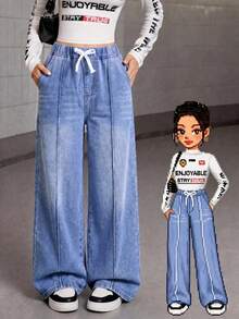 SHEIN Tween Girls Casual Minimalist Loose Straight Leg All-Match Washed Denim Jeans, Elastic Waistband With White Faux Drawstring Design, Contrast Stitching Distressed Washed Light Blue Denim, Soft And Comfortable Fabric, Versatile All-Season Denim Piece - Medium Wash - View 1