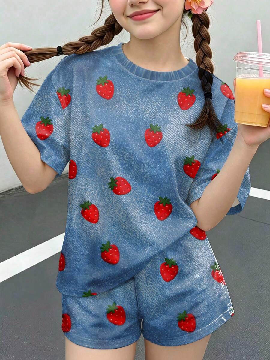 女童休閒極簡趣味紋理草莓印花 CobaltBluePop 短袖上衣與短褲兩件套,適合夏季,舒適春夏風格,圖案、可愛、復古 - 彩色 - 查看 1