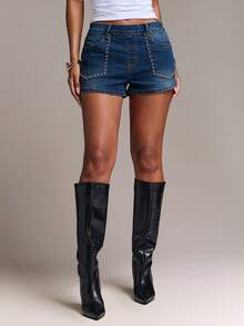 SHEIN BAE Women's Casual Versatile Denim Shorts With Pockets For Daily Wear - Dark Wash - View 1