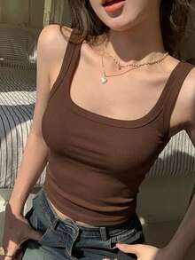 Livesso 女款純色休閒商務細肩帶背心，夏季學院風上衣，日常白天穿著，棕色 - 咖啡棕 - 查看 10