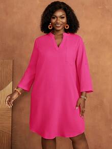 BrightlyHer Plus Size Solid Color Versatile Pocket Textured Dress For Daily Wear Fall - Hot Pink - View 6