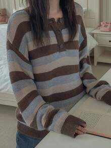 DAZY Women's Colorblock Striped Loose Long Sleeve Crew Neck Casual Vacation Spring Autumn Pullover Knit Sweater - Grey - View 3