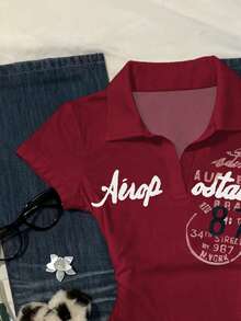 IslaSuriya Women's Casual Letter Print T-Shirt, Summer - Burgundy - View 4