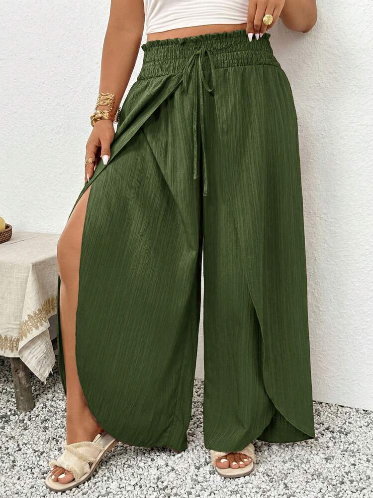 SHEIN Frenchy Plus Size Solid Color Wrap Wide Leg Pants For Vacation And Casual Wear - Army Green - View 6