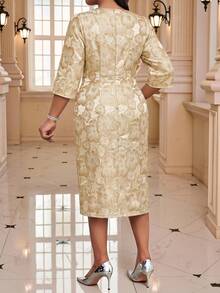 Fleurora Plus Size Women's Jacquard Round Neck 3/4 Sleeve Elegant Dress Fall - Gold - View 2
