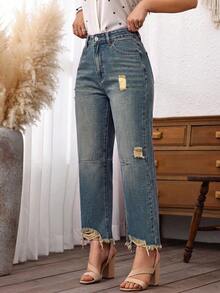 SHEIN PETITE 女款高腰口袋破洞休閒短版牛仔褲 - 中等水洗藍 - 查看 4