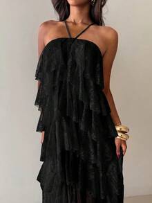 Aloruh Vestido de vacaciones para mujer con volantes multicapa, encaje y cuello halter - Negro - Ver 3