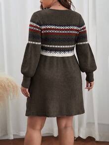 SHEIN Frenchy Plus Size Autumn/Winter Casual Geometric Pattern Knit Dress - Army Green - View 4