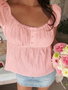 SHEIN EZwear 女款甜美鈕扣蕾絲拼接襯衫，適合度假與約會 - 粉色 - 查看 5