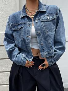Dazy Plus Vintage Washed Western Cowboy Loose Long Sleeve Turn Collar Denim Jacket Coat Spring Autumn - Medium Wash - View 7