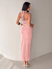 Aloruh Light Green Deep V-Neck Sexy Vacation Date Dress - Baby Pink - View 2