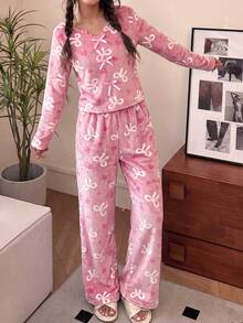 SHEIN 青少年女孩 V 領長袖秋季上衣與長褲睡衣套裝 - 淺粉色 - 查看 2
