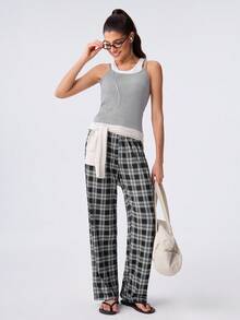 Loungeista 女士时尚春夏轻薄经典格纹撞色抽绳腰休闲裤，适合外穿 - 彩色 - 查看 7