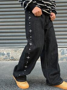 DAZY Jeans de hombre para primavera con botones de strass y decoración de perlas falsas - Negro - Ver 1