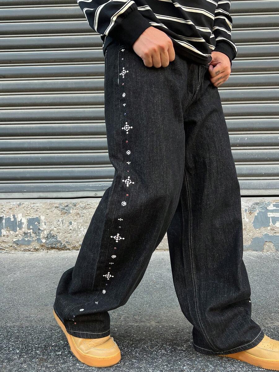 DAZY Jeans de hombre para primavera con botones de strass y decoración de perlas falsas - Negro - Ver 1