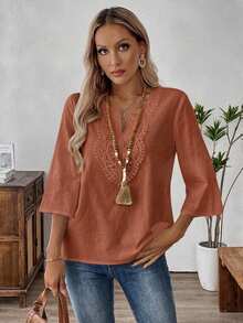 EMERY ROSE Blusa de unicolor con patchwork de encaje para mujeres de mediana edad - Color caoba - Ver 6