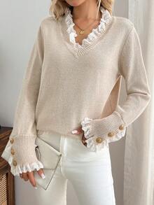 EMERY ROSE Crew Neck Casual Autumn/Winter Contrast Lace Elegant Sweater - Khaki - View 4