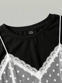 SHEIN MOD 大尺碼女款撞色蕾絲波點網紗二合一T恤 - 黑色 - 查看 5