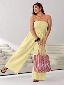 Solflare Plus Size Women Solid Color Ruched Casual Daily Strapless Jumpsuit Wide Leg Pants - Yellow - View 3
