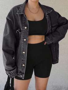 Dazy Plus Autumn New Washed Turn Collar Long Sleeve Loose Denim Jacket And Outerwear For Women, Casual Blogger Style - Black - View 1