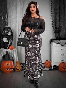 SHEIN EZwear Plus Size Skull & Floral Print Mermaid Dress With Asymmetrical Shoulder Sheer Top 2 Pieces Set Fall - Black and White - View 6