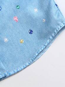 Elladie kids 女童淺藍色牛仔印花翻領長袖襯衫，俏皮清新甜美風滿版印花水鑽寶石花卉寬鬆外套 - 藍色 - 查看 8