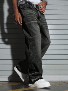 Manfinity EMRG Men's American Casual Commute Small Design Cement Gray Washed Loose Straight Wide Leg Pants - Dark Grey - View 3